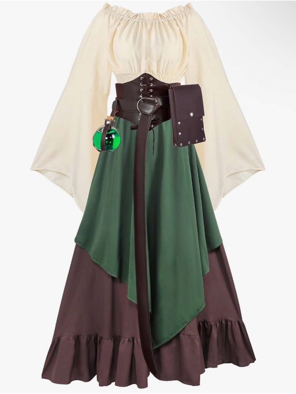 Bohemian Renaissance Peasant Dress with Green Overlay and Cream Bodice